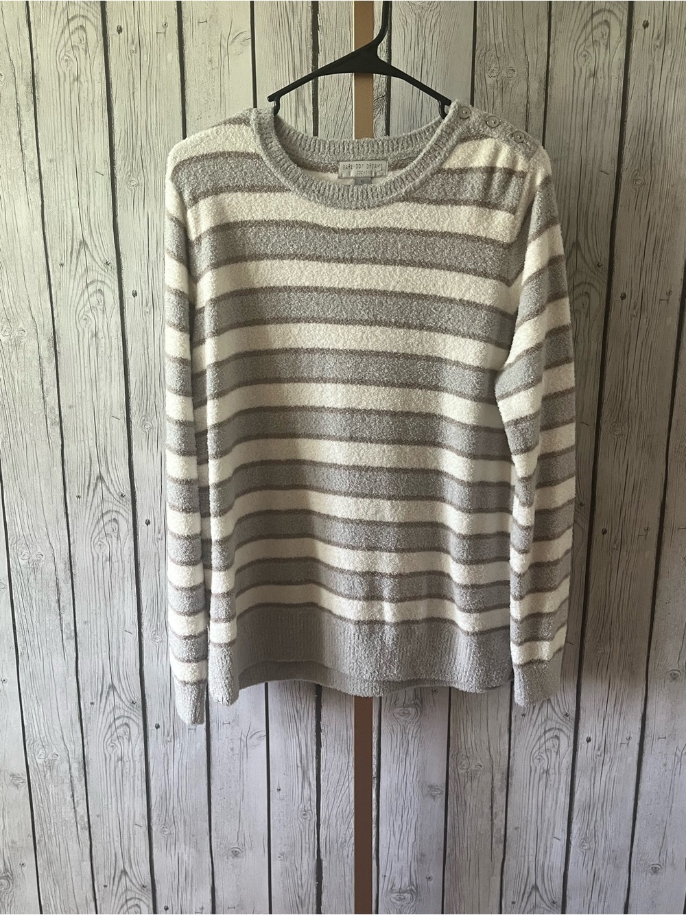 Barefoot Dreams cozy chic Striped Sweater W/ Shoulder Buttons gray & white  XL